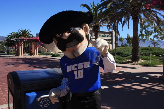 UCSB Gaucho mascot next to recycle bin